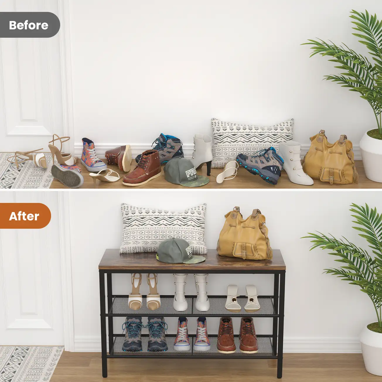 Industrial Shoe Bench Storage Effect Comparison Before and After Comparison of 3-Tier Industrial Shoe Bench, Space-Saving Entryway Organizer for B2B Furniture Wholesale