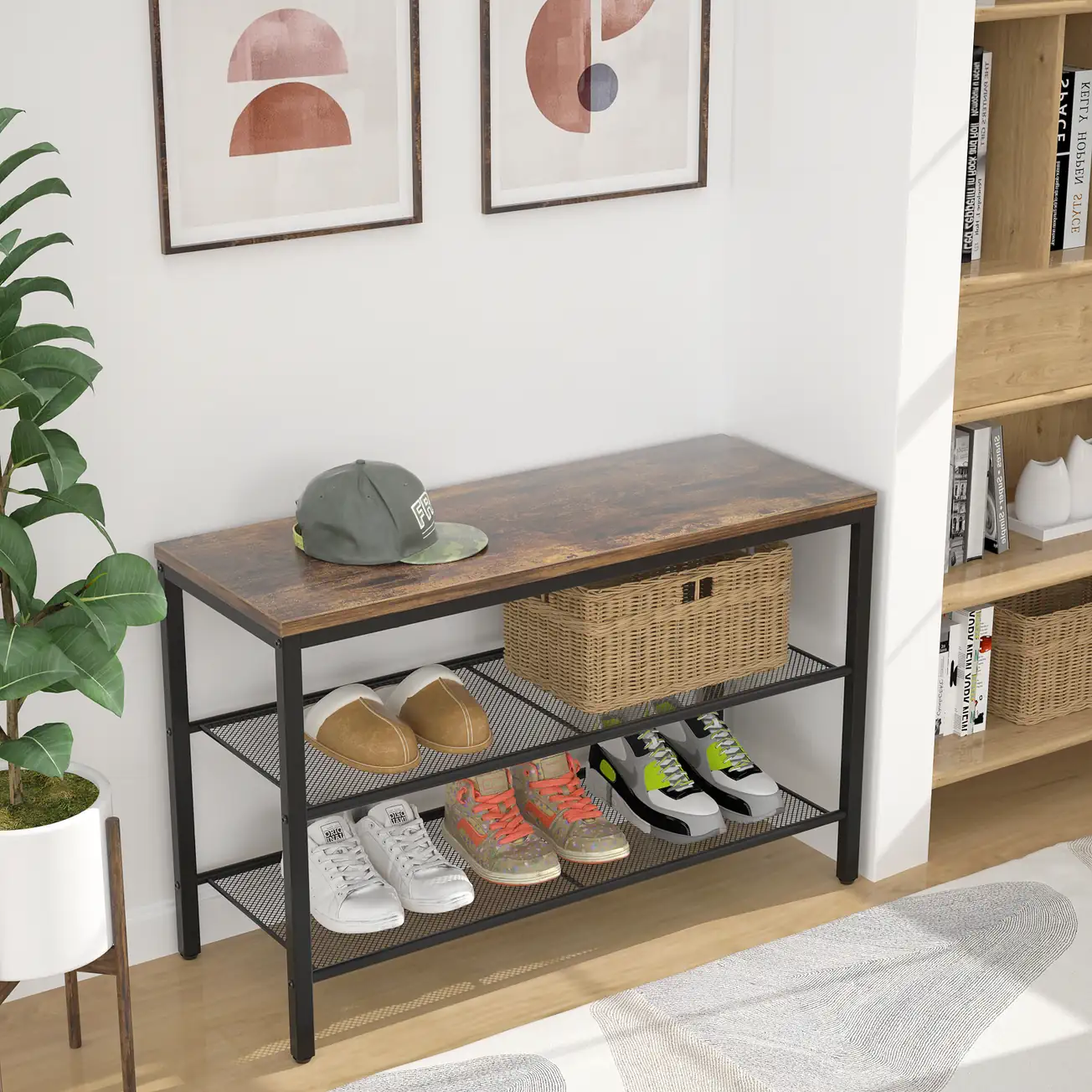 Industrial Shoe Bench Corner Lifestyle Display Rustic Industrial Shoe Bench in Living Room Corner, Vintage 3-Tier Entryway Footwear Organizer for Home Decor Wholesale