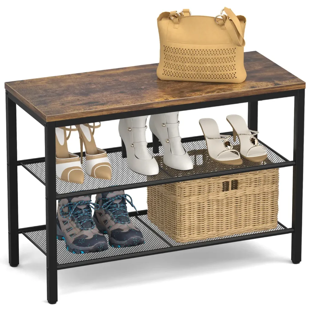 Rustic Industrial Entryway Storage Bench, 3-Tier Vintage Shoe Rack with Metal Mesh Shelves, Furniture Factory OEM Supplier