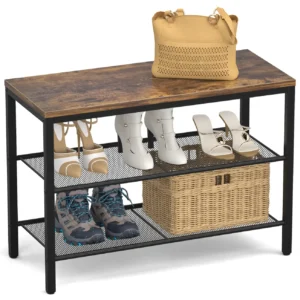 Rustic Industrial Entryway Storage Bench, 3-Tier Vintage Shoe Rack with Metal Mesh Shelves, Furniture Factory OEM Supplier