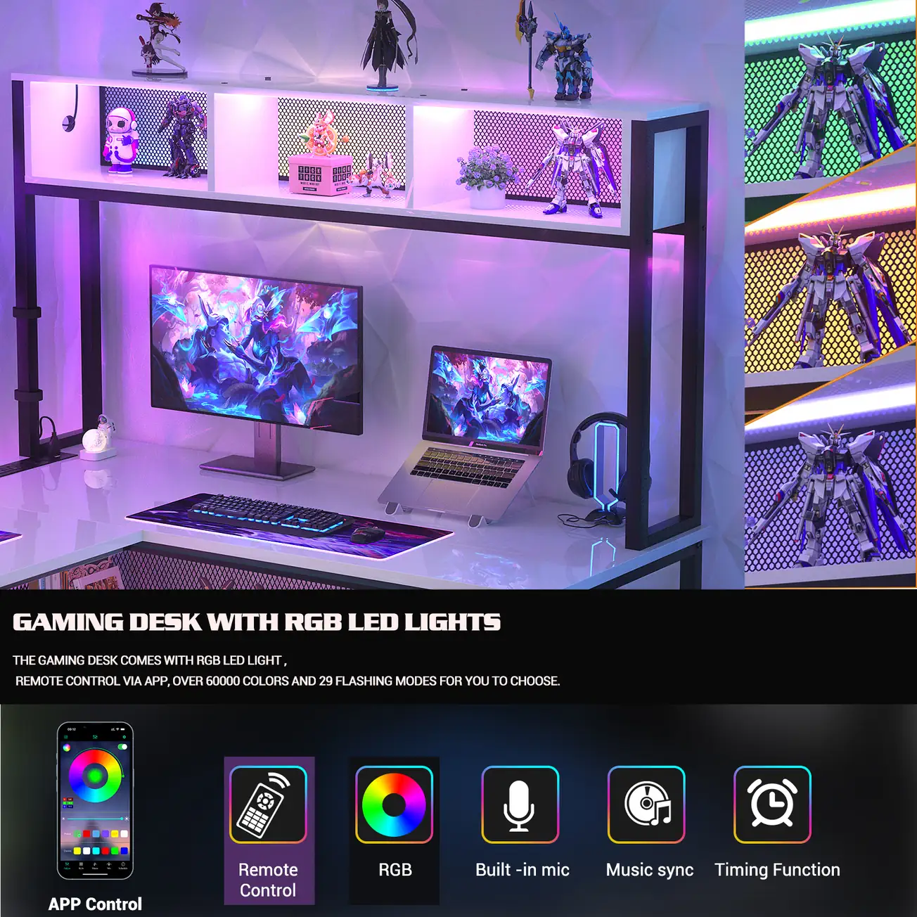 Gaming Desk Smart RGB LED Light Strip Spec Smart RGB LED gaming desk with app control and music sync functions