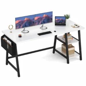 White L-shaped computer desk with storage shelf and dual monitors setup.