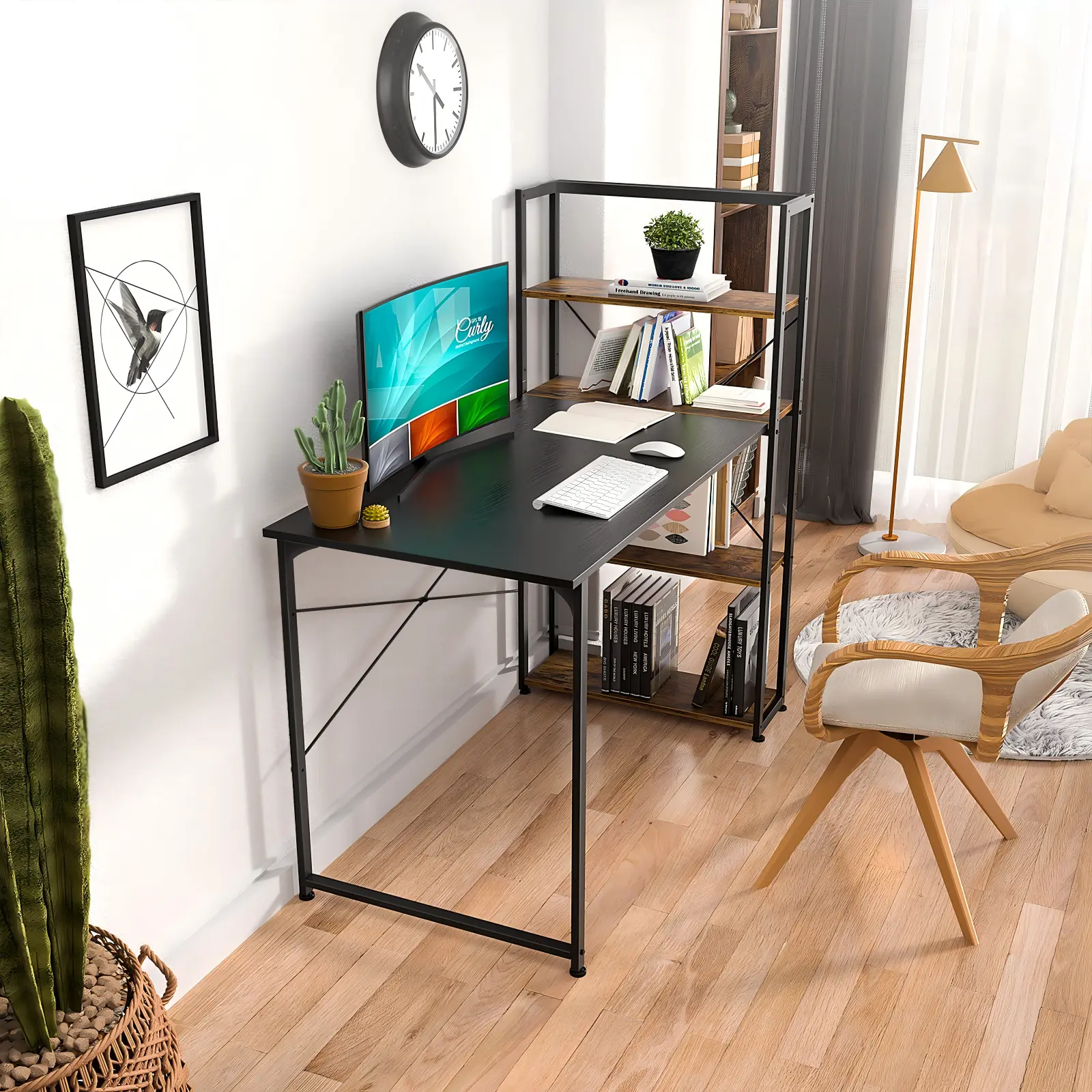 55.2" (140cm) Home Office Lifestyle Desk Setup - Comfuri Modern 55.2 inch 140cm computer desk with bookshelf styled in a cozy home office room setup with a chair