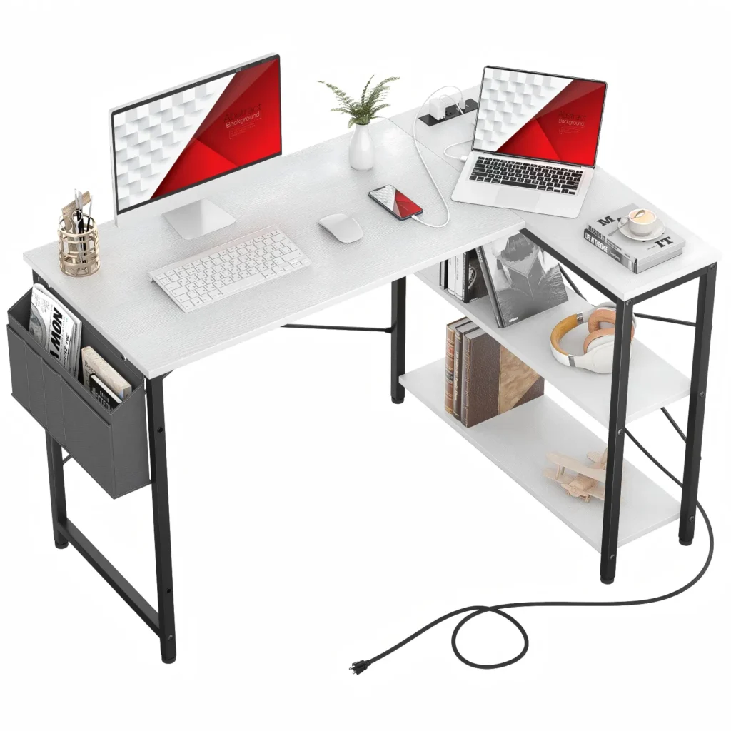 Top down view of a 47 inch 120cm white L-shaped computer desk with built in power strip and charging station