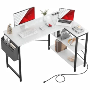Top down view of a 47 inch 120cm white L-shaped computer desk with built in power strip and charging station