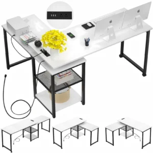 Modern white 71" (180.34 cm) rotating L-shaped desk with integrated power outlets and multi-angle adjustable workstation configurations