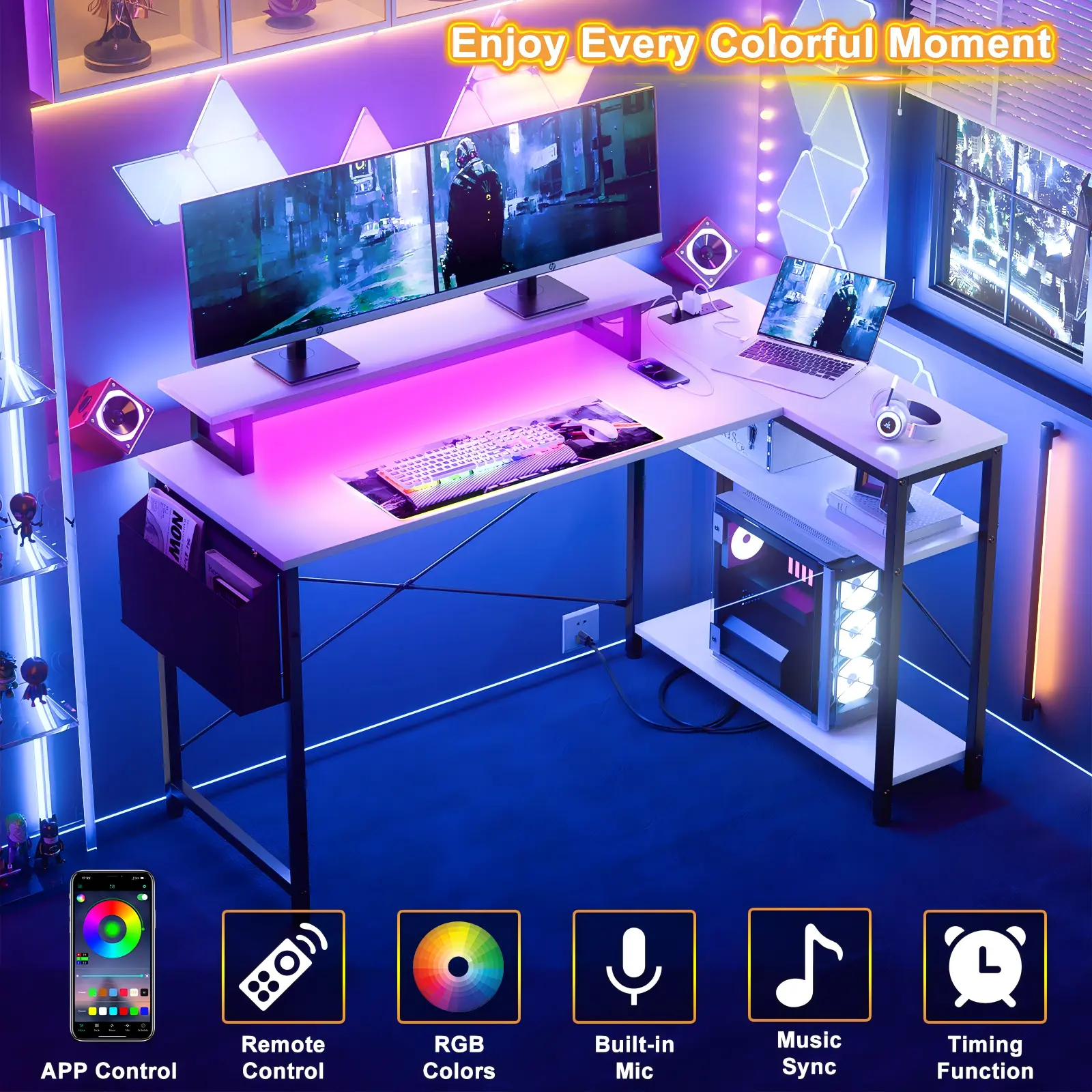 55" (140cm) Black L-Shaped Gaming Desk with LED Lights - Comfuri Top down view of a 55 inch 140cm black L-shaped computer desk with pink and purple led strip lights, power outlets, and monitor stand