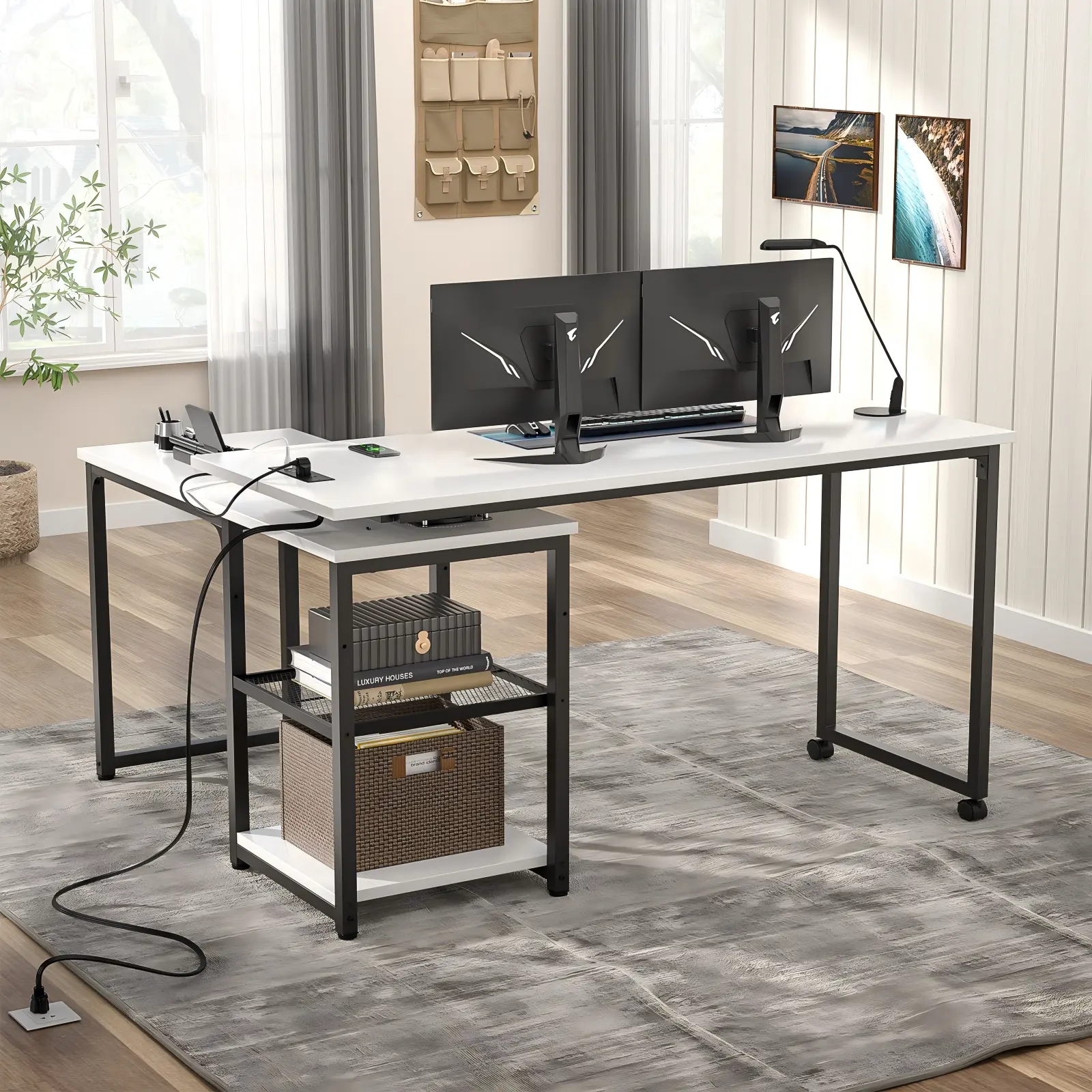 Comfuri 83.5 Inch Expanded Long Desk Workstation Layout Comfuri 83.5" (212cm) expanded long desk configuration and two-person computer workstation layout with integrated power outlets
