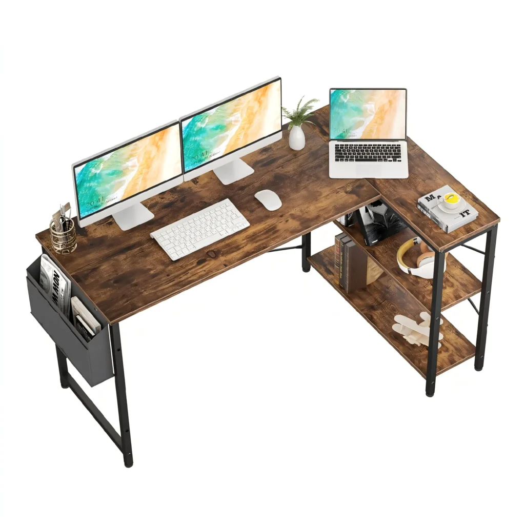 Top down view of a 55.2 inch 140cm rustic brown L-shaped computer desk with dual monitors and side shelves