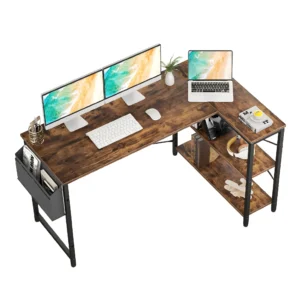Top down view of a 55.2 inch 140cm rustic brown L-shaped computer desk with dual monitors and side shelves