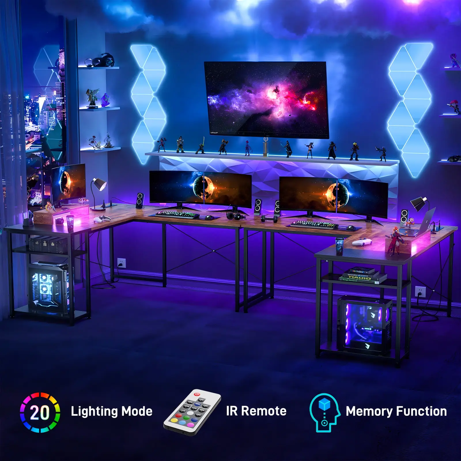 51.2" (130cm) U-Shaped Gaming Desk Setup with LED - Comfuri Large U-shaped gaming desk setup with multiple monitors and dual pc hosts illuminated by pink and blue led lights