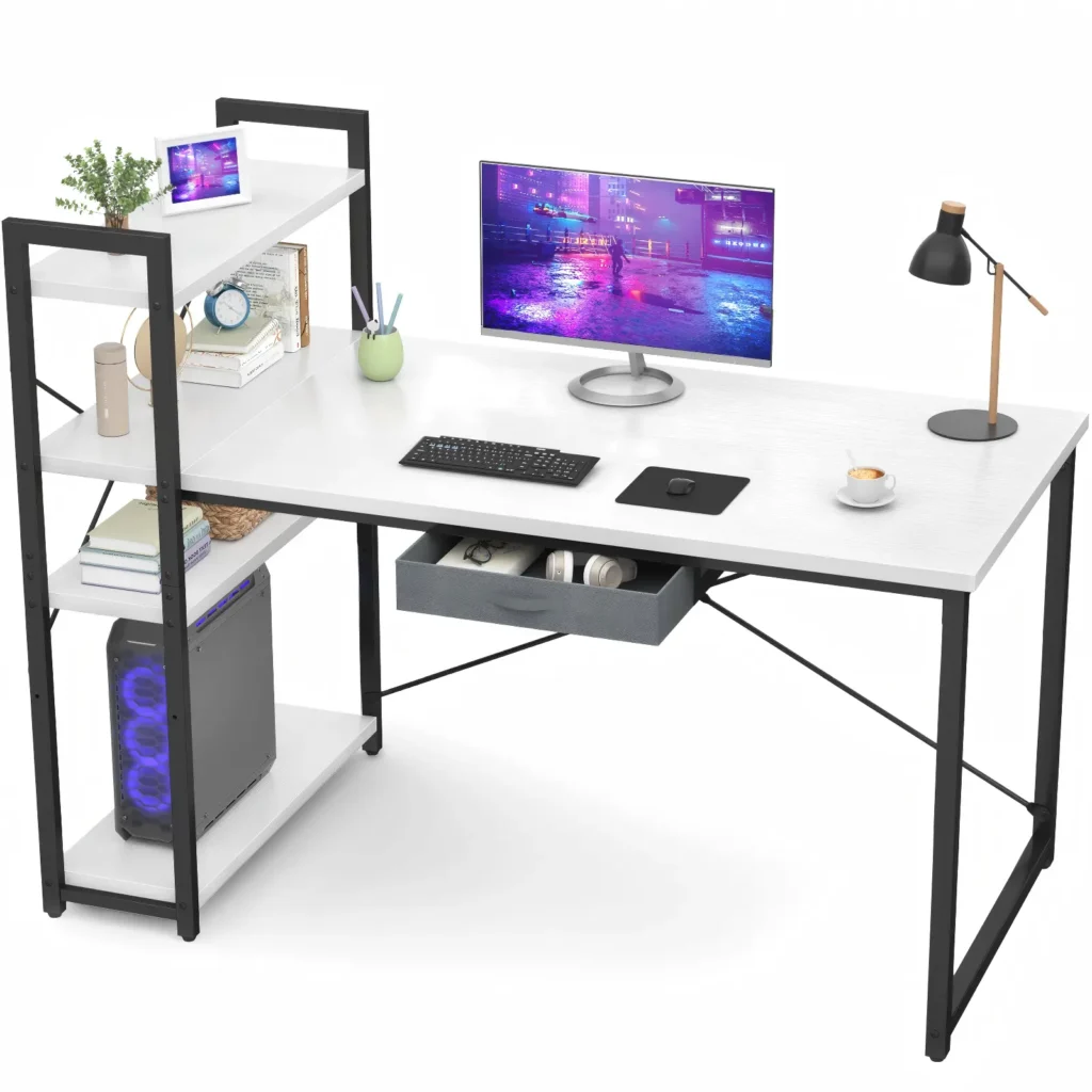 47 inch 120cm all white computer desk with a 4 tier storage bookshelf and an under desk drawer