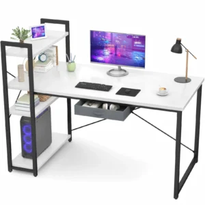 47 inch 120cm all white computer desk with a 4 tier storage bookshelf and an under desk drawer