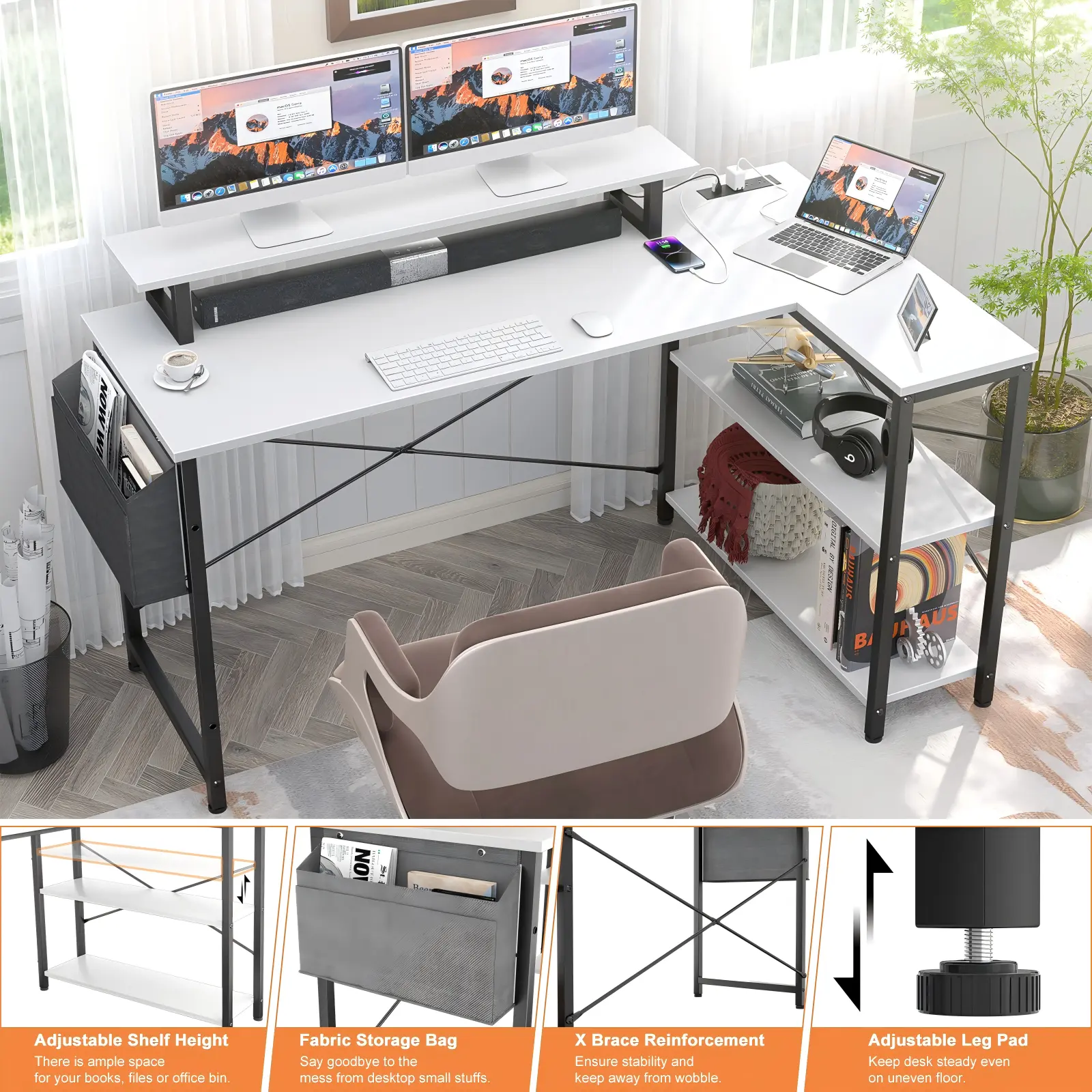 55" (140cm) White L-Shaped Desk Room Lifestyle - Comfuri 55 inch 140cm white L-shaped computer desk with built in power outlets styled in a bright room lifestyle scene