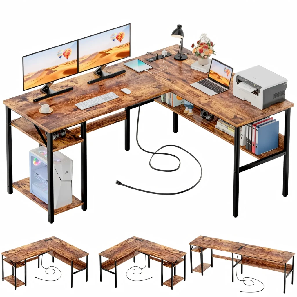 Rustic wood L-shaped computer desk with dual monitor setup, office charging station, and multiple reversible layout options.