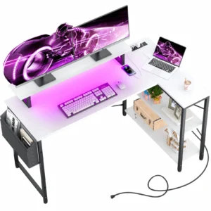 Top down view of a 55 inch 140cm white L-shaped computer desk with pink led strip lights, power outlets, and monitor stand