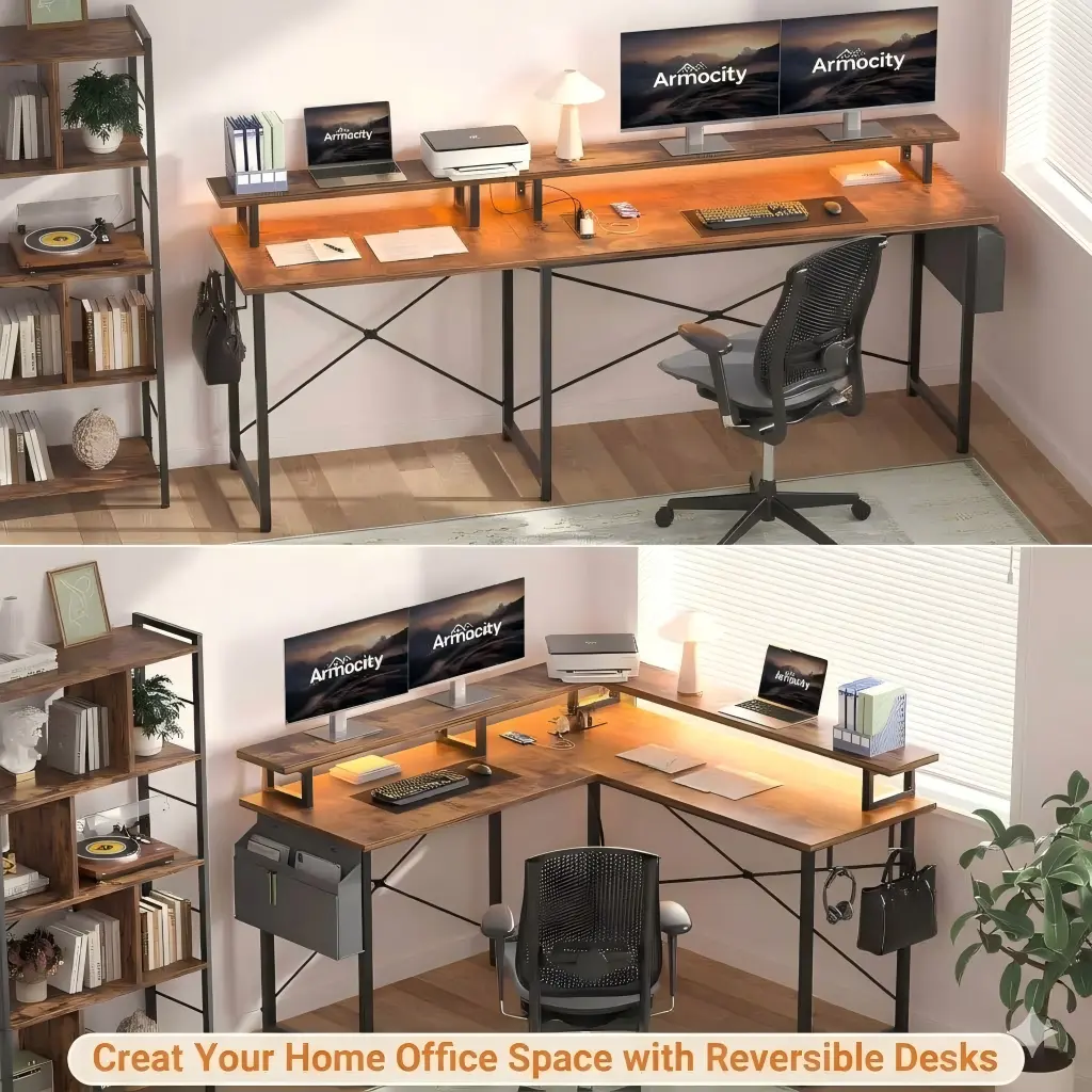 Reversible L-Shaped Desk & Long Two-Person Desk Configurations Reversible L-shaped desk convertible to a long two-person straight office desk.