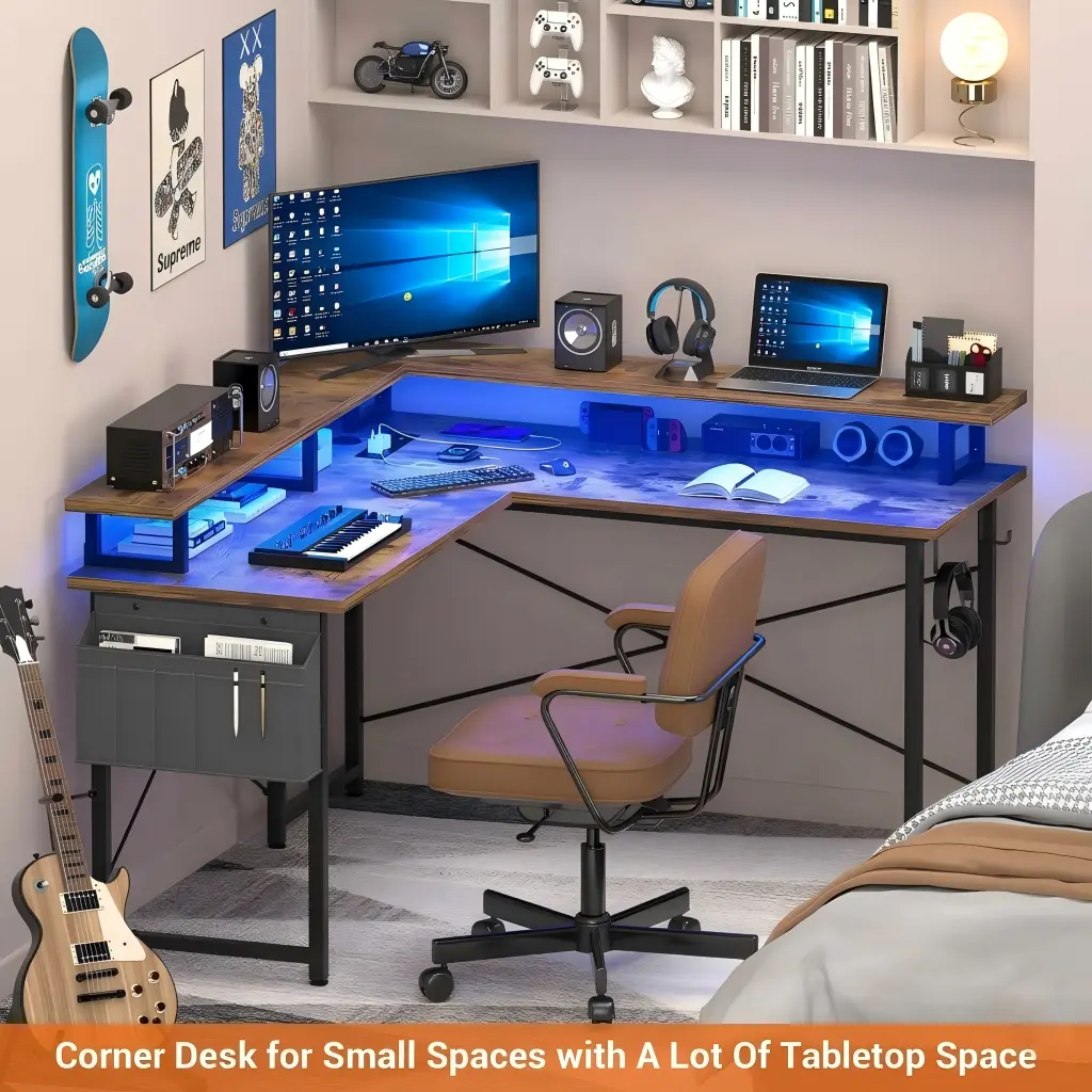 Black Corner L-Shaped Desk for Small Spaces with LED Lights Black L-shaped corner computer desk setup in a small bedroom home office.
