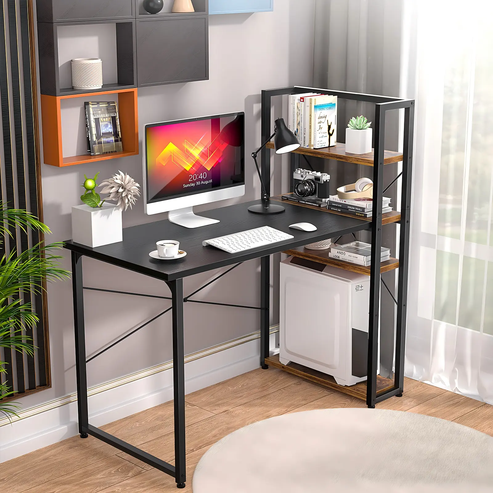55.2" (140cm) Modern Room Scene Desk with Bookshelf - Comfuri 55.2 inch 140cm black and rustic brown computer desk with monitor and pc tower placed in a modern bright room