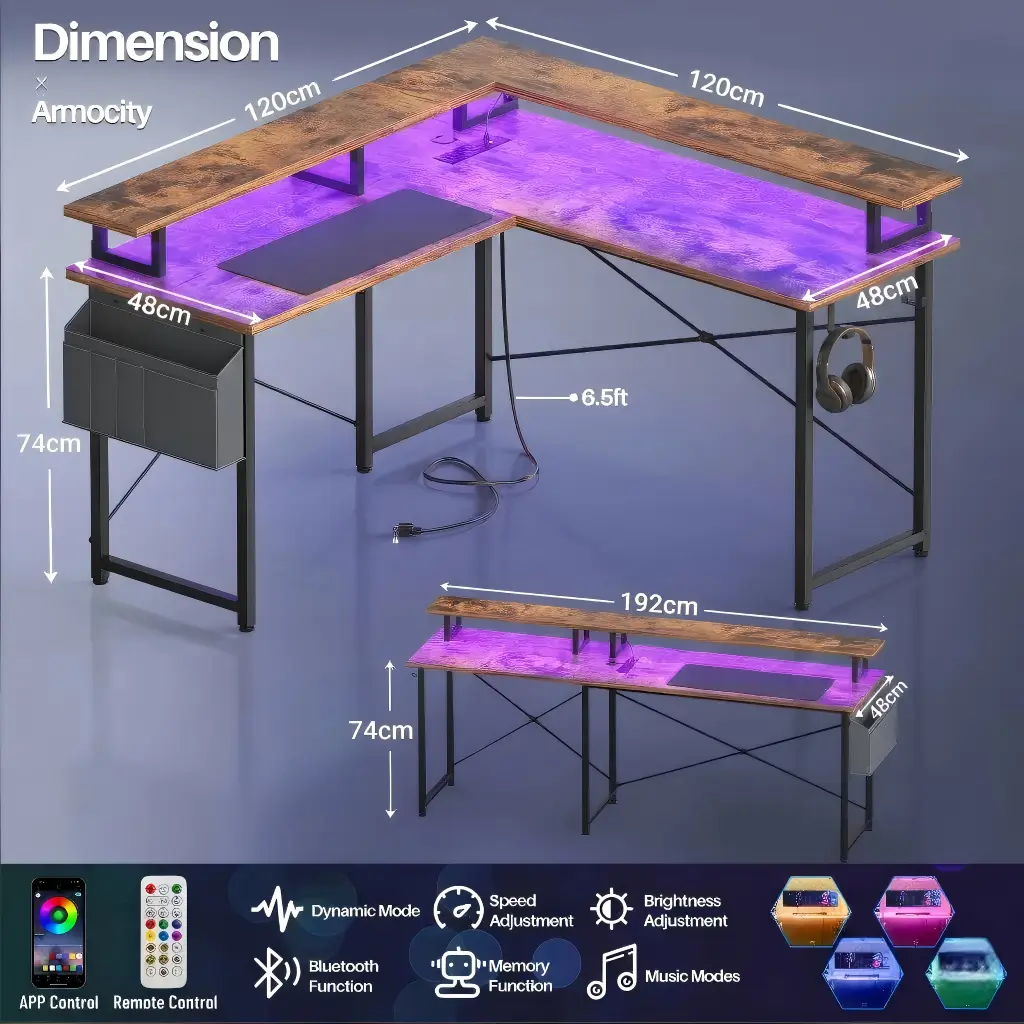 L-Shaped Corner Desk Dimension & Specification Diagram L-shaped computer desk dimension diagram with smart LED light remote control.