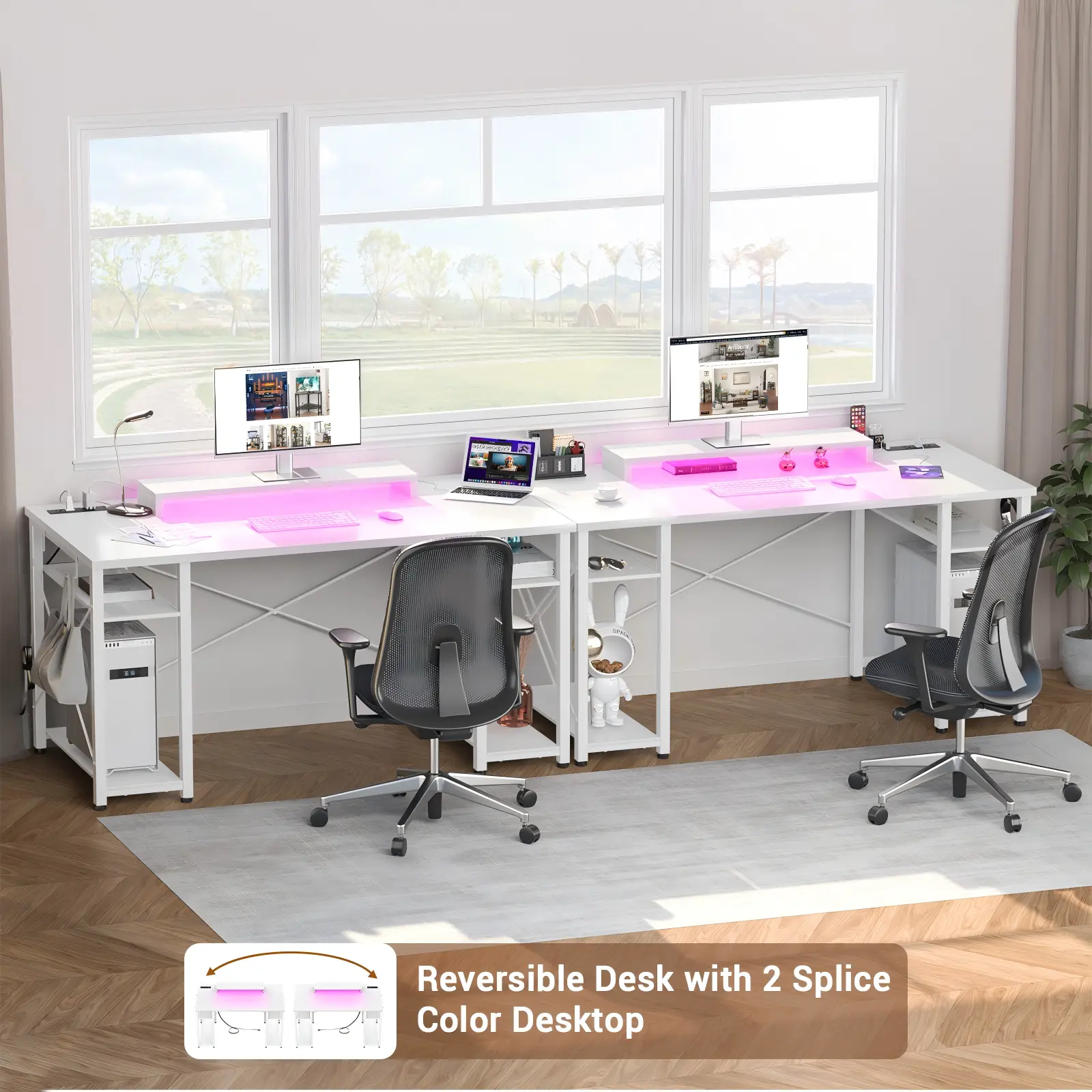 55.2" (140cm) Double Desk Setup with LED Lights - Comfuri Two 55.2 inch(140cm )white computer desks placed side by side with pink led lights in a bright room setup