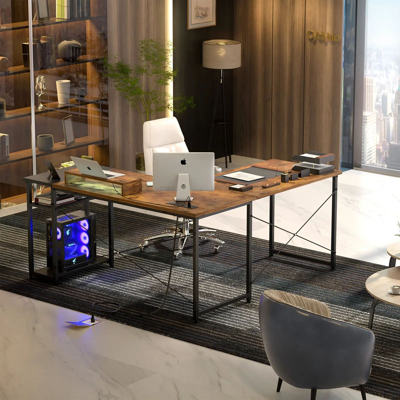 51.2 inch 130cm rustic brown and black L-shaped computer desk styled in a modern home office studio scene 51.2" (130cm) L-Shaped Desk Room Lifestyle - Comfuri