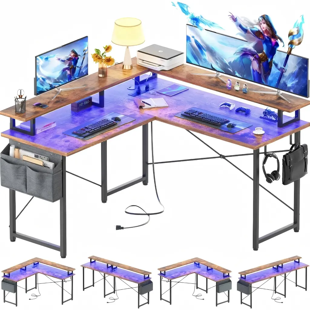 Reversible L-shaped gaming and office desk with LED lights and monitor stand