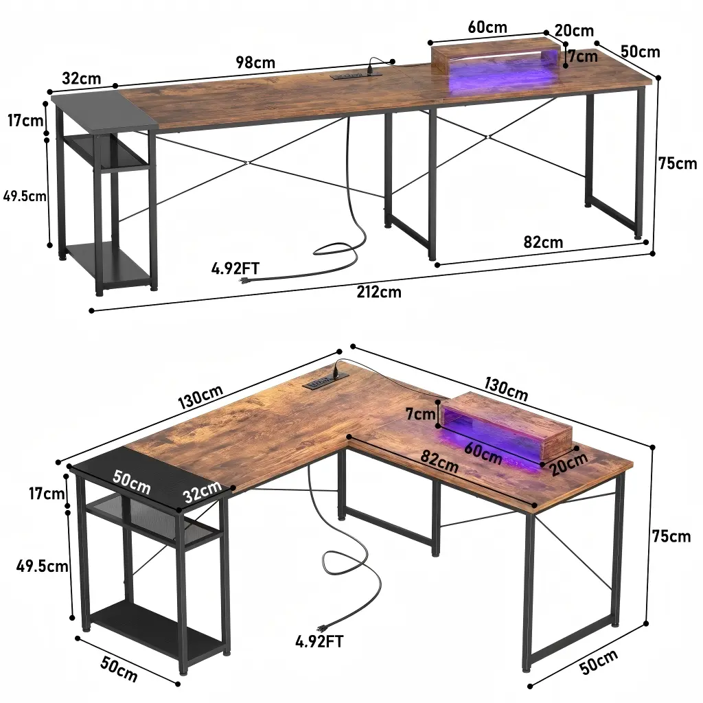 51.2" (130cm) L-Shaped and 83.5" (212cm) Long Desk Dimensions - Comfuri Product dimensions and size chart of a reversible computer desk showing 51.2 inch L-shaped setup and 83.5 inch long two person setup
