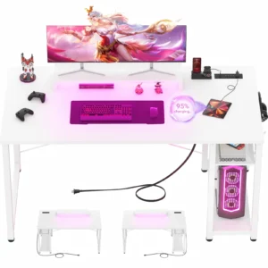 Modern Pink and White Gaming Desk with LED Lights and Built-in Power Outlet Charging Station