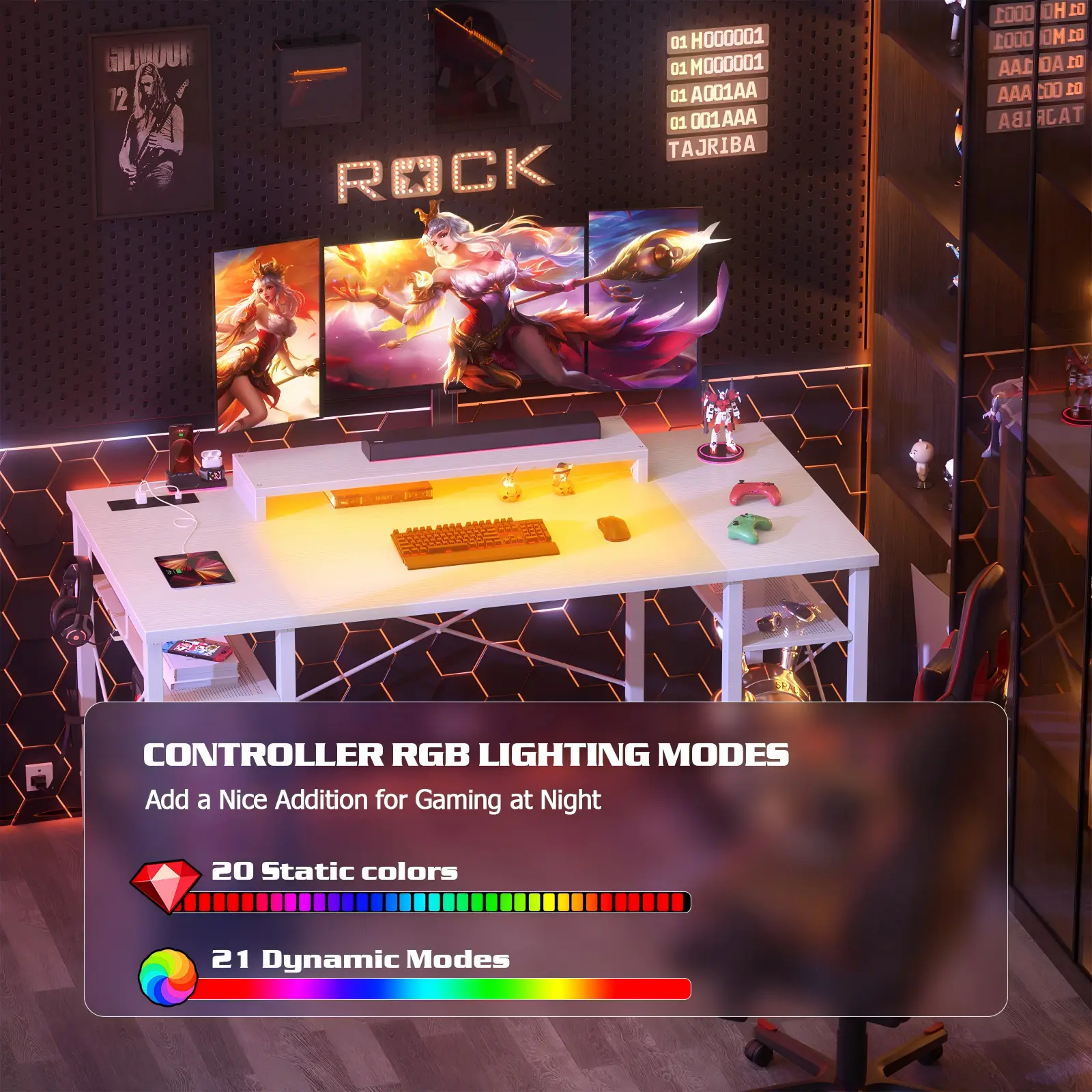 55.2" (140cm) High-Angle Gaming Desk Setup - Comfuri 55.2 inch(140cm) high angle gaming desk setup with pink led lights in a dark room