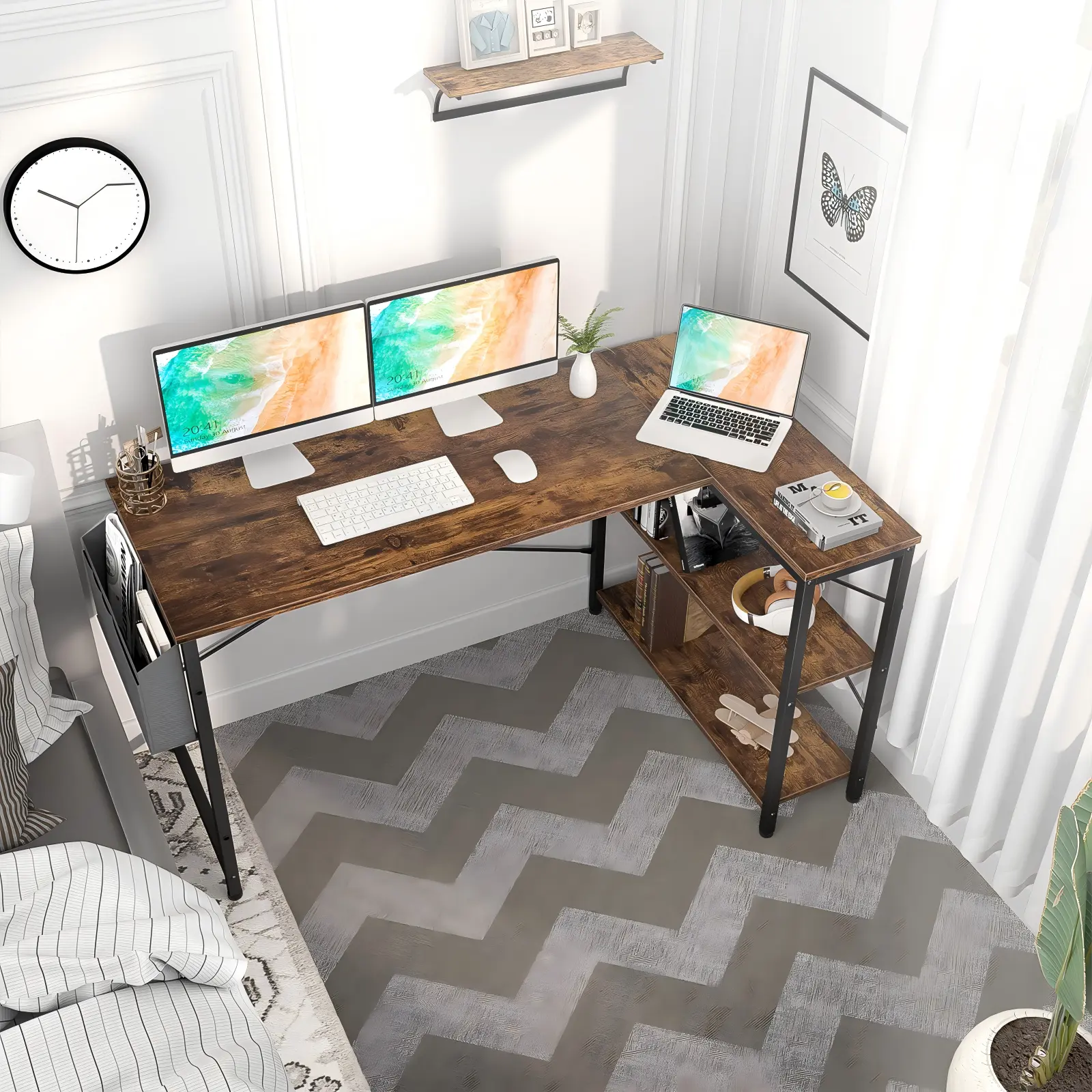 L-Shaped Desk Room Lifestyle - Comfuri 55.2 inch 140cm rustic brown L-shaped computer desk styled in a cozy home office corner setup