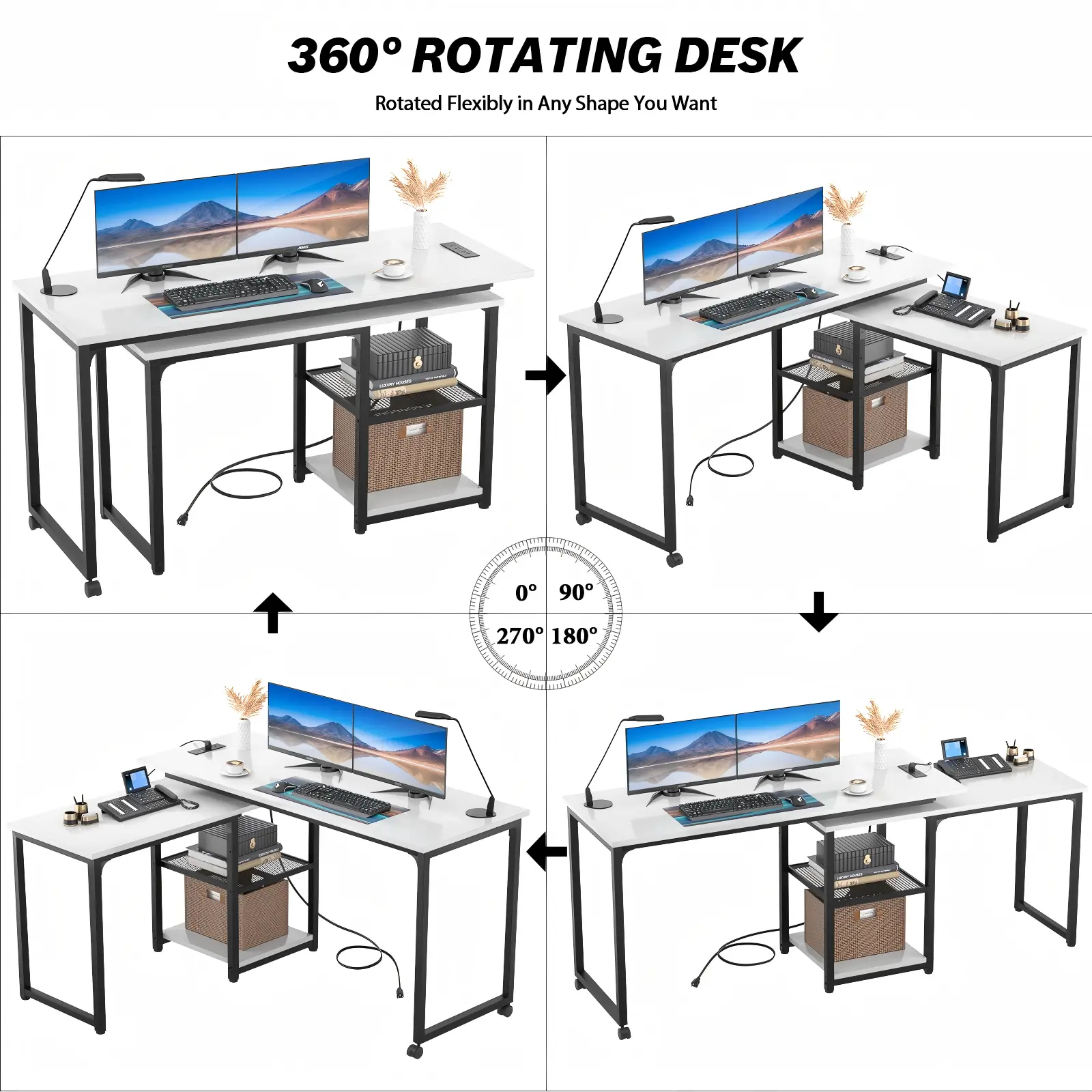 Comfuri 360 Rotating L Shaped Desk 4 Layouts Diagram Comfuri 360° rotating desk 4-in-1 multi-configurable configurations and versatile layouts diagram for modern workspace planning