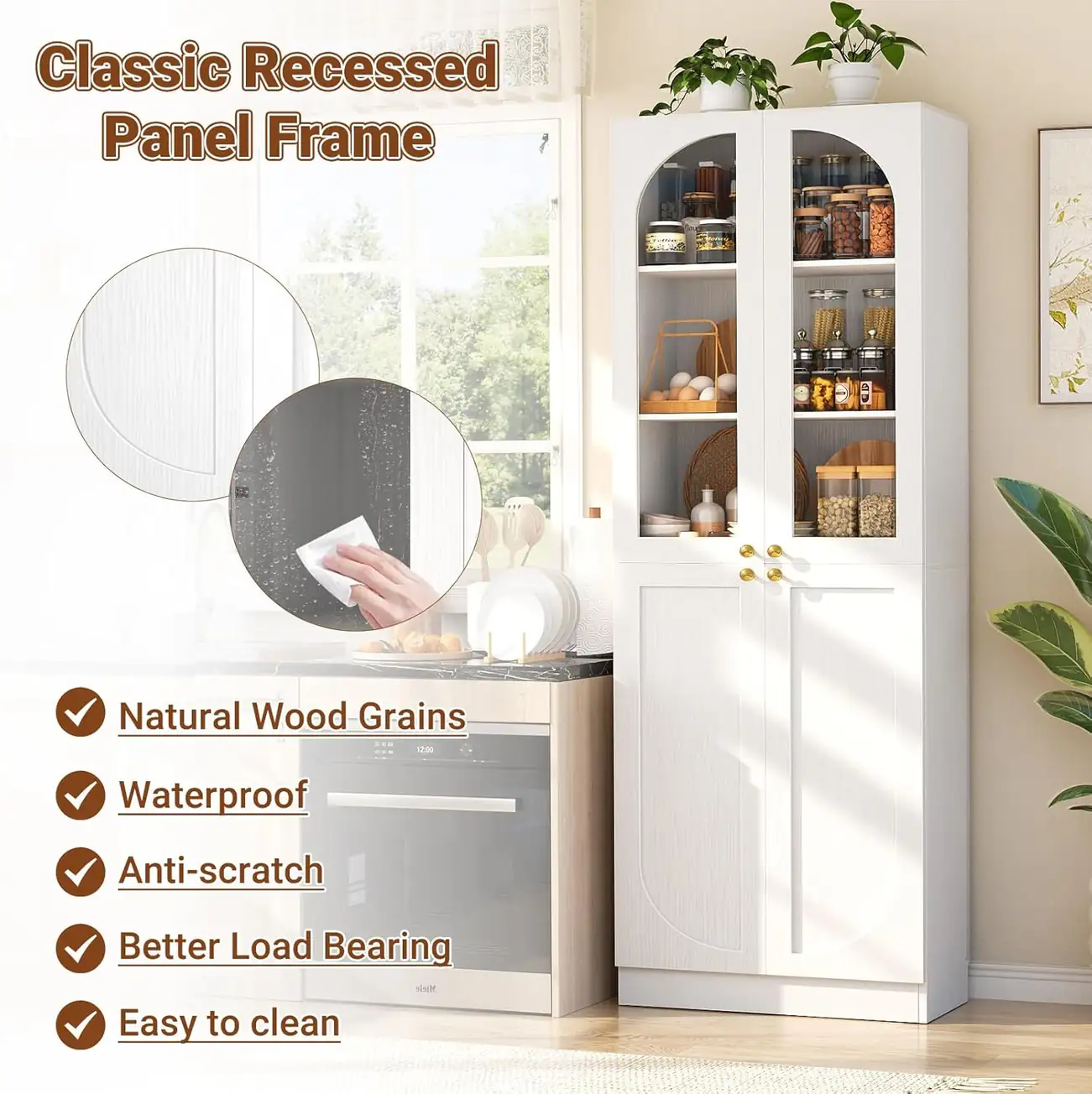 White Arched Pantry Cabinet Material and Surface Features Display Tall Arched White Pantry Cabinet with Waterproof and Anti-Scratch Finish, Heavy-Duty Load Bearing Storage Cupboard with Recessed Panel Frame