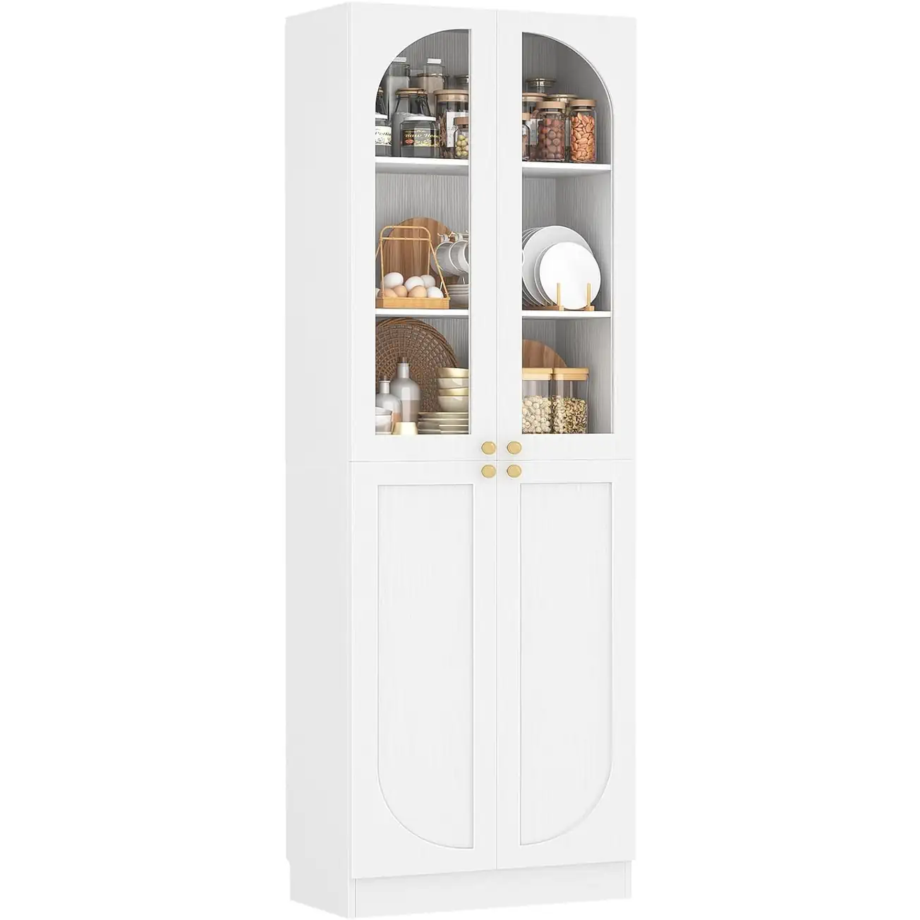 White Arched Glass Door Pantry Cabinet Features Display Tall Arched Kitchen Pantry Cabinet with Tempered Glass Doors, Freestanding Wood Floor Cupboard with Soft Close Hinges in Pure White Finish