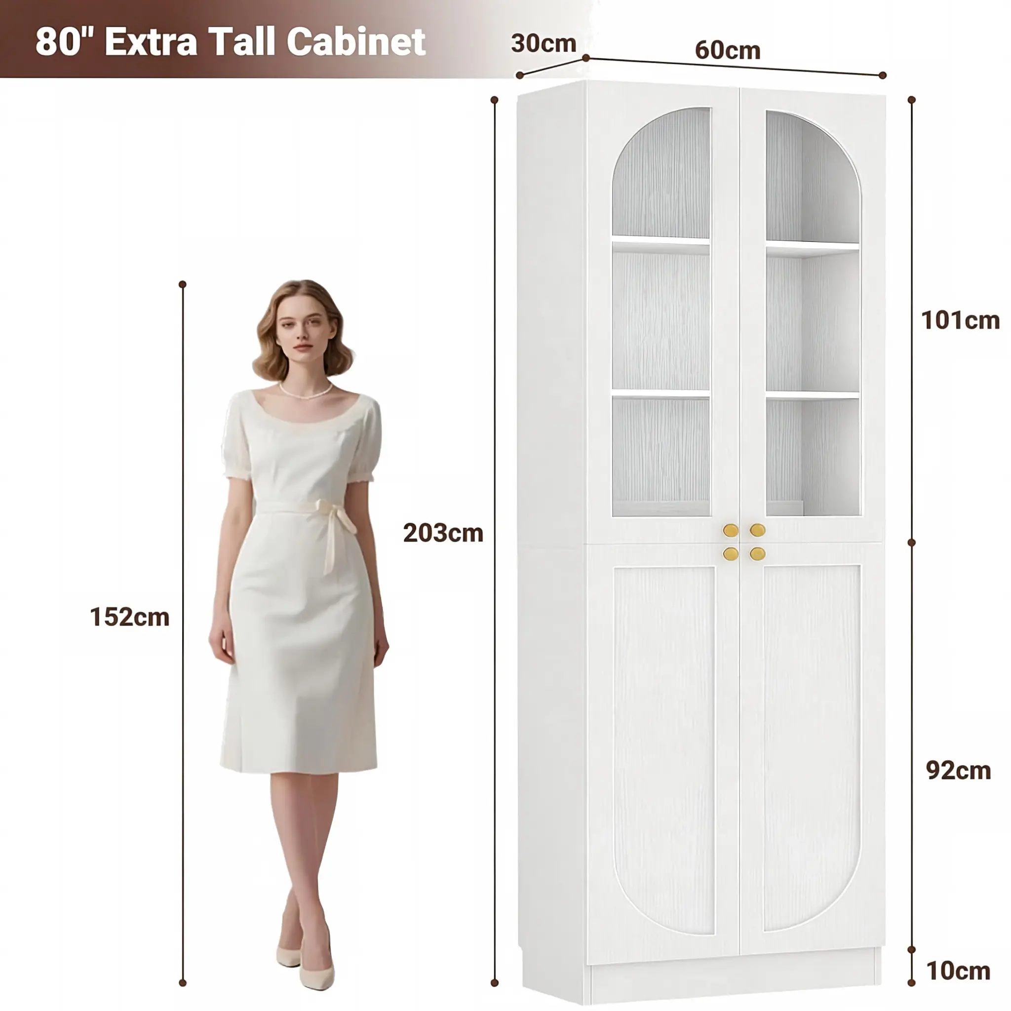White Arched 4 Door Pantry Cabinet Height Reference Size Guide Tall Arched Kitchen Pantry Cabinet with 4 Doors, Freestanding White Cupboard Storage Organizer with Height Reference and Size Chart