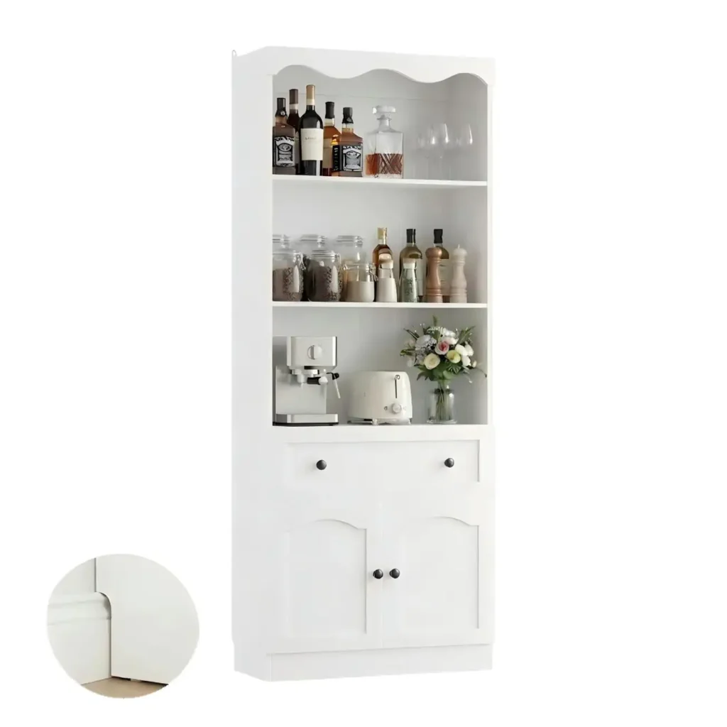 white pantry cabinet scalloped top with baseboard notch