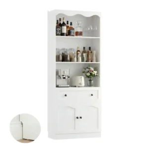 white pantry cabinet scalloped top with baseboard notch