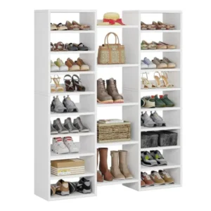 14-tier freestanding shoe cabinet in a clean all-white finish with 22 open cubbies and central shelving filled with bags, books, and boots