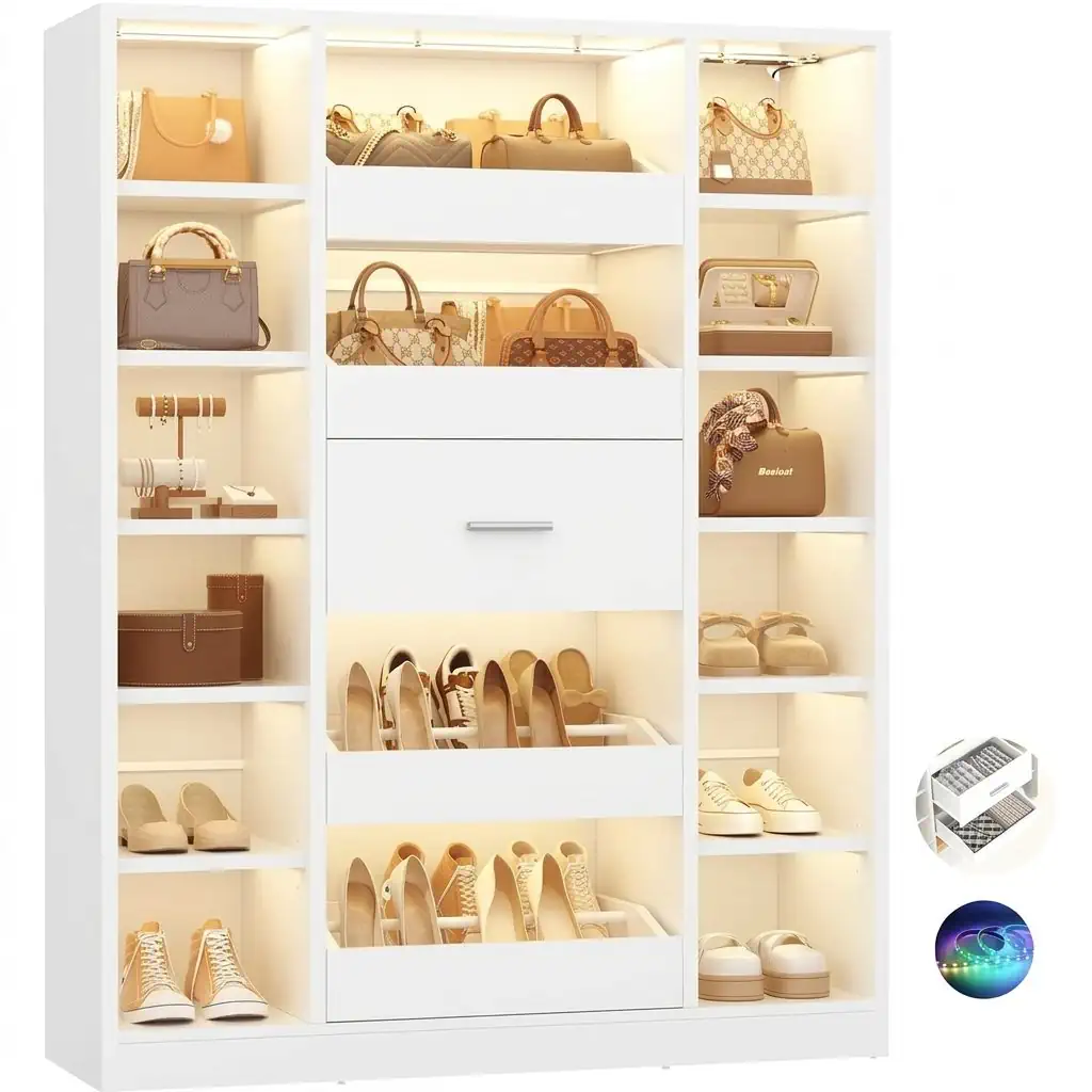 Luxury all-white multi-functional storage cabinet featuring 12 open shelves, 5 middle drawers, and integrated warm LED lighting, showcasing shoes, handbags, and jewelry