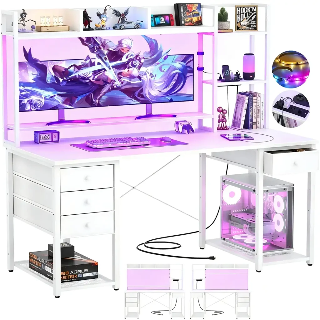 All white reversible gaming desk with hutch, 55.2" (140cm) width, and power outlets