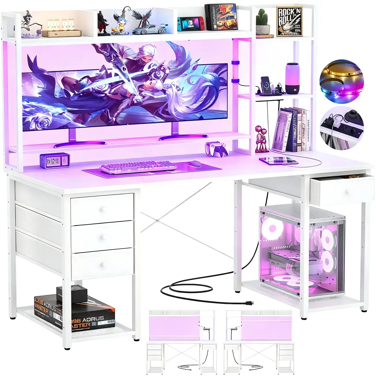 White Reversible Desk 55.2 Inch 140cm All white reversible gaming desk with hutch, 55.2" (140cm) width, and power outlets