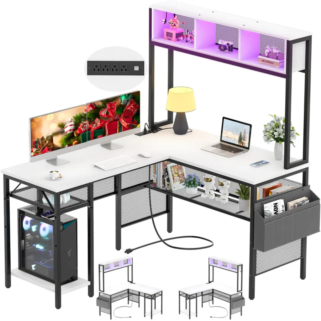 All white reversible L-shaped gaming desk with hutch, storage shelves, and side pocket
