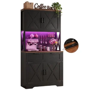 Matte black kitchen pantry hutch cabinet with smart LED lights and built-in power outlets, freestanding farmhouse coffee bar cabinet station