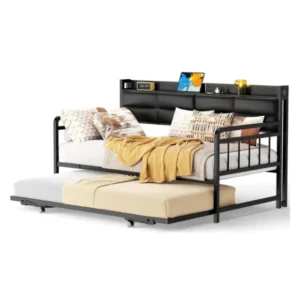 All-black modern upholstered twin daybed frame with a pull-out pop-up trundle, featuring black wood finish storage shelf and a cushioned faux leather backrest