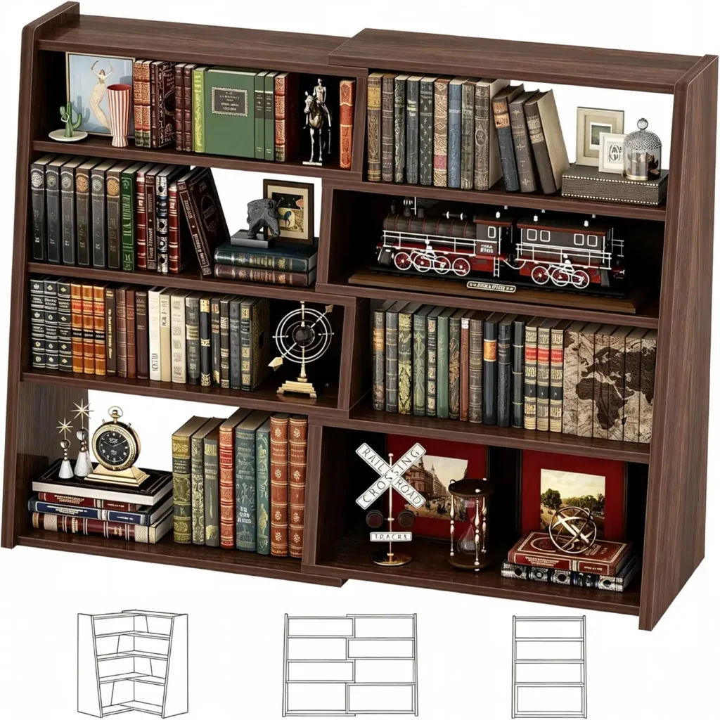 Black walnut expandable low bookshelf main image showing full storage layout with empty product icons demonstrating 90-degree corner, 180-degree flat, and condensed configurations