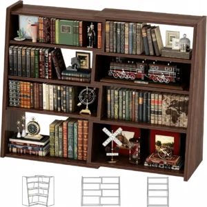 Black walnut expandable low bookshelf main image showing full storage layout with empty product icons demonstrating 90-degree corner, 180-degree flat, and condensed configurations