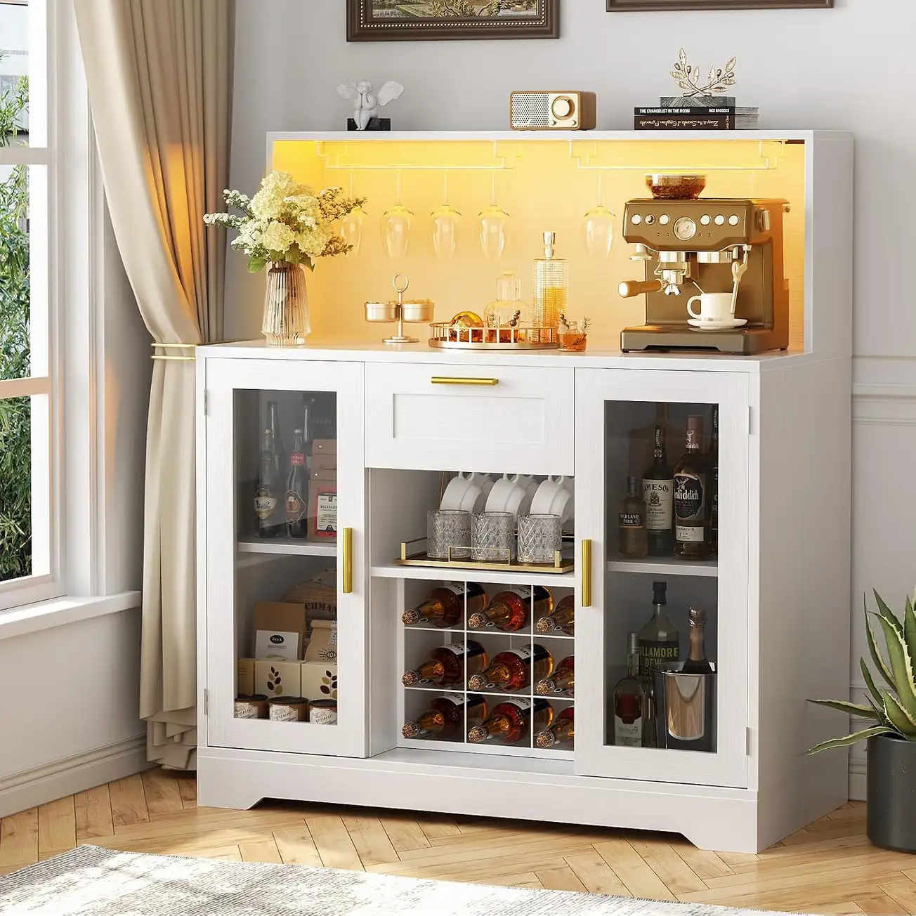 Coffee Bar Cabinet with LED Light & Hutch - White Lifestyle Scene White coffee bar cabinet with built-in LED light and storage hutch styled as a home liquor wine station