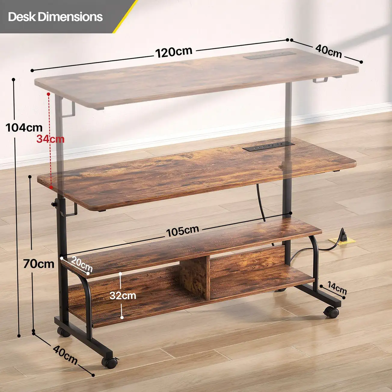Size Chart and Dimensions of Comfuri 47" (120 cm) Adjustable Desk showing 27.5" to 41" (70 to 104 cm) Height Range comfuri 47 inch 120 cm adjustable desk dimensions and size chart