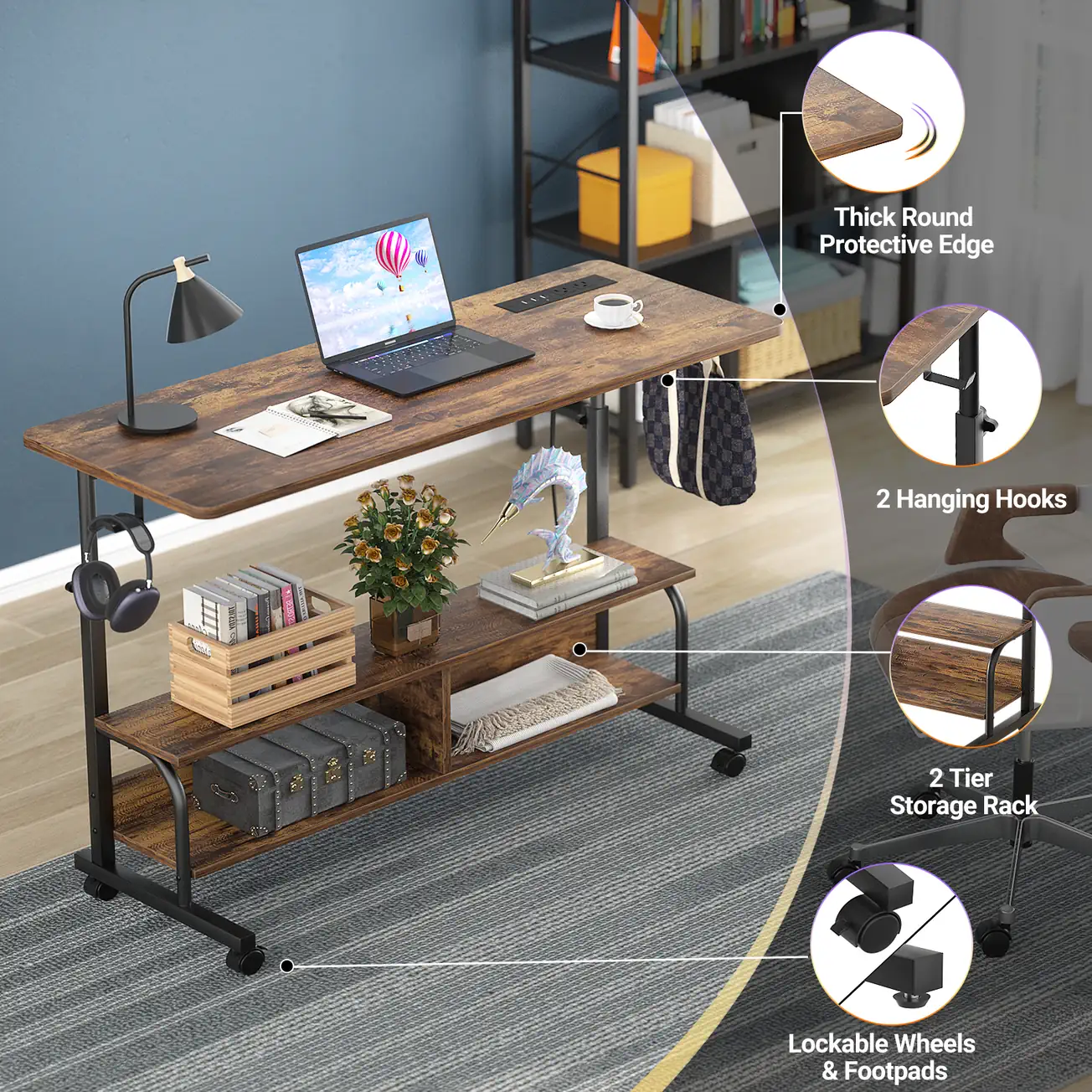 Comfuri 47" (120 cm) Adjustable Height Desk Infographic Showing Lifestyle Setup, Thick Round Protective Edge, 2 Hanging Hooks, 2 Tier Storage Rack, and Lockable Wheels Options comfuri 47 inch 120 cm adjustable desk features round corners shelves wheels