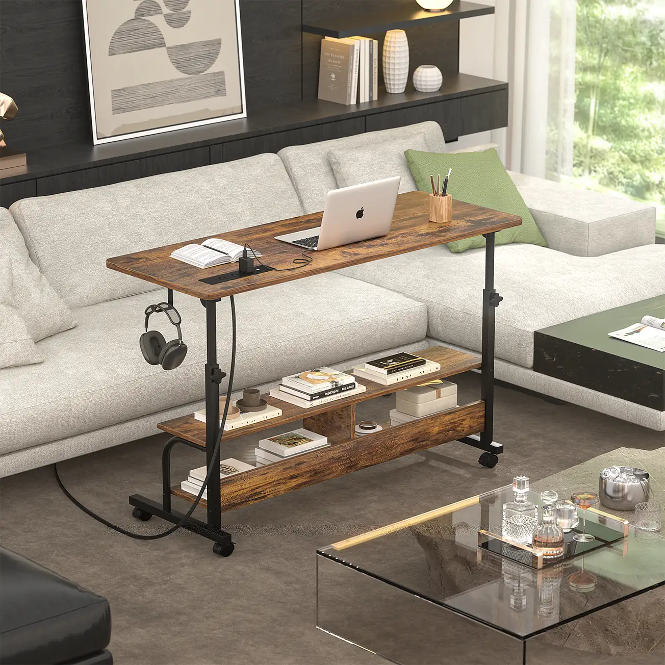 Comfuri 47" (120 cm) Adjustable Height Desk with Charging Station, Rustic Brown C-Shaped Mobile Laptop Table Beside Sofa in Living Room Lifestyle Setup comfuri 47 inch 120 cm adjustable desk sofa side table charging station lifestyle.webp